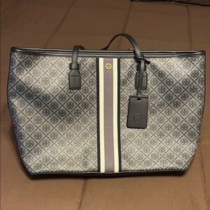 Tory Burch Black and Gray Luggage Tote with Leather Accents